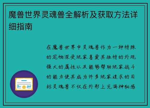 魔兽世界灵魂兽全解析及获取方法详细指南